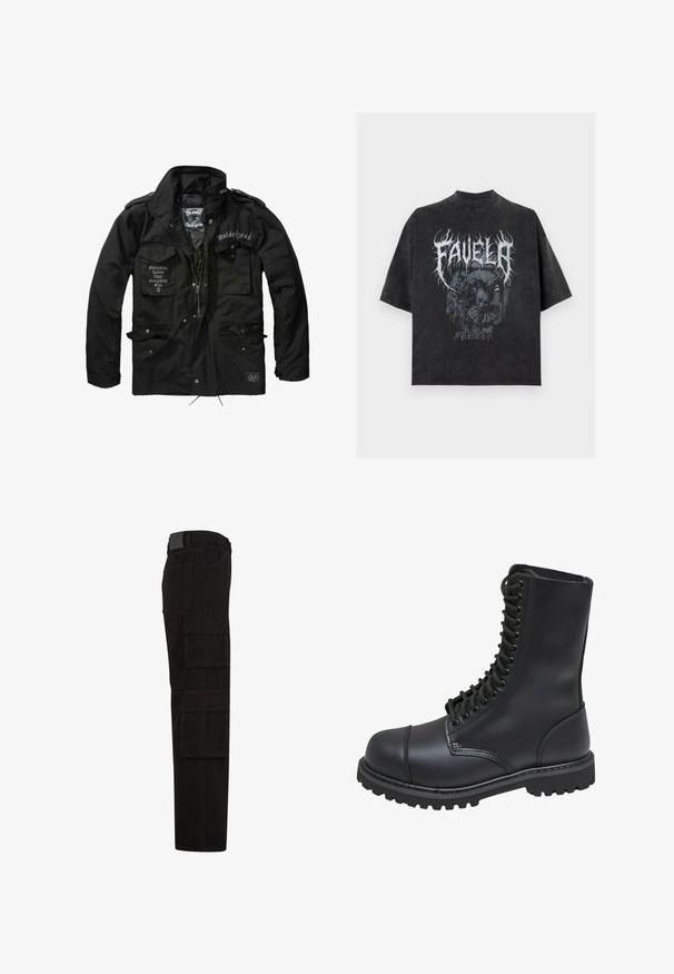 Brandit MOTÖRHEAD M65 - Kerge jope - black; Must suurendatud suurusega T-särk valge lõhestatud tekstiga "FAVELA" ja tumeda kujutisega kahe klouniga keskel, alla kirjutatud "SADELA".; Mustad tööpüksid, millel on mitmed suured lapi-taskud, vöölingid ja sirge sääre lõige, näidatud küljelt.; Mustmust musta sõjaväe king, millel on kõrge varreosa, nöörimise esiosa, pehmendatud krae ja robustne tekstuuriga tall, et tagada haardumine. Omab tugevdatud varvaste osa.