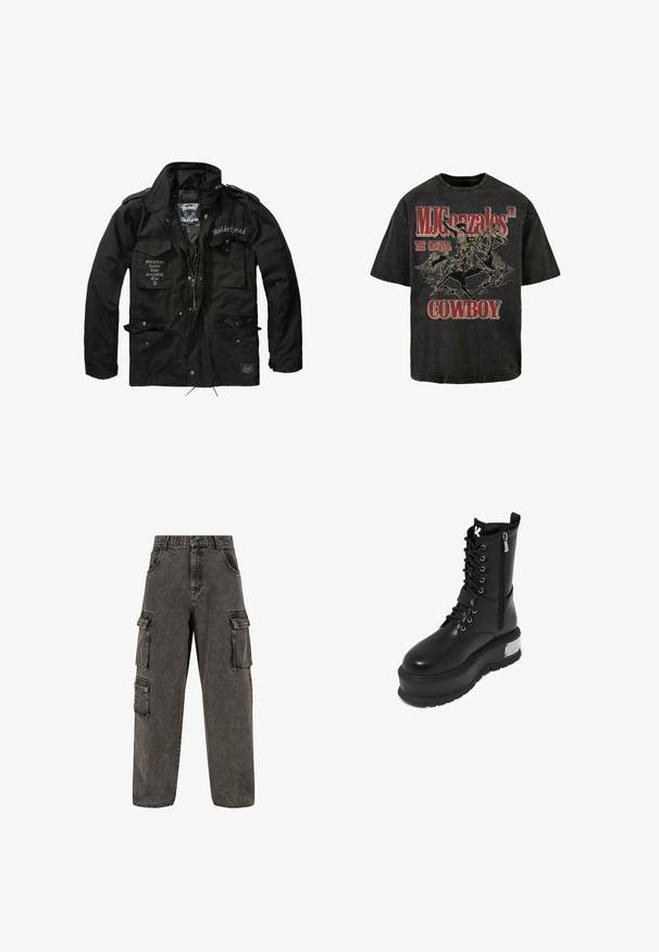 Brandit MOTÖRHEAD M65 - Jas - black; Zwarte graphic T-shirt met een cowboy op een paard, met "MJ Gonzales™ DE ORIGINELE COWBOY" in vette rode letters. Zacht katoen.; Karl Kani OG BAGGY - Relaxed fit jeans - grey; Zwarte faux leren gevechtslaars met een chunky platform, voorzien van een vetersluiting, ritssluiting en een metallic accent op de hak.