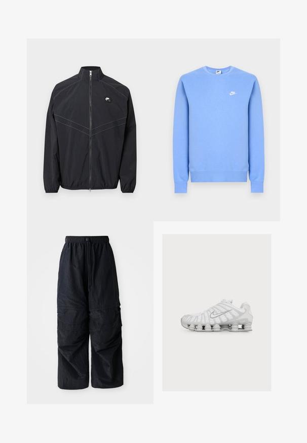 Zwarte nylon windjack met een opstaande kraag, ritssluiting aan de voorkant en elastische manchetten, met contrasterende stiksels en een klein logo-patch.; Lichtblauwe Nike-trui met lange mouwen, ronde hals, geribbelde manchetten en zoom, en een klein wit Nike-logo op de linkerborst.; Zwarte lichtgewicht nylon cargo pants met elastische tailleband, verstelbare trekkoord en meerdere gelaagde zakken op de benen.; Witte sportschoen met een unieke veerachtige zool en een zilveren Nike swoosh-logo aan de zijkant, gezien vanaf de buitenkant.