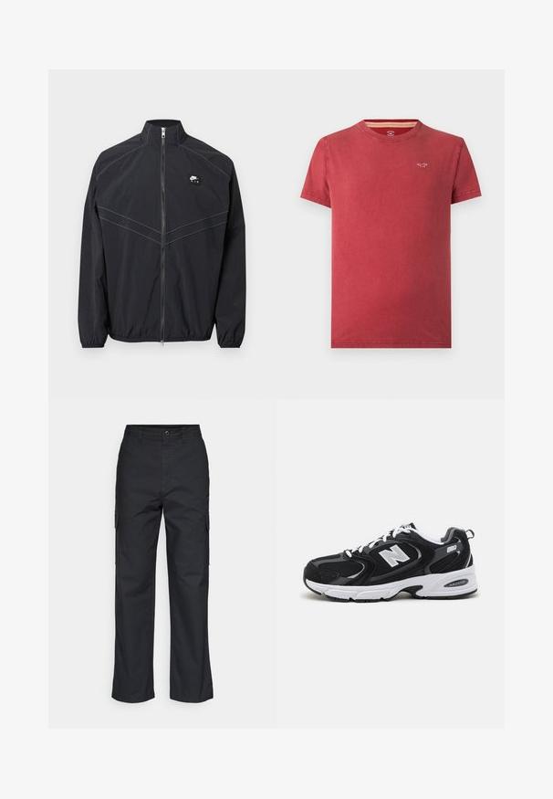 Sort nylon vindjakke med opretstående krave, lynlås foran og elastiske ærmeafslutninger, med kontraststikninger og en lille logo-patch.; Rød t-shirt med crew neck og korte ærmer med lille hvid mågelogo på venstre bryst, ensfarvet design, vist på hvid baggrund.; Sorte cargo bukser med lige ben i designet, der har sidelommer og et tekstureret stof. Knaplukning i taljen for en sikker pasform.; Sorte og grå sportssko med mesh og ruskind på overdelen, der har en hvid mellemsål, snørebånd og et iøjnefaldende "N" logo på siden.