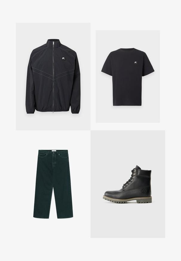 Schwarze Nylon-Windjacke mit Stehkragen, Frontreißverschluss und elastischen Bündchen, mit kontrastierenden Nähten und einem kleinen Logo-Patch.; Schwarzes Nike Air T-Shirt mit kurzen Ärmeln, Rundhalsausschnitt und kleinem weißen Logo auf der linken Brust.; Dunkelgrüne weit geschnittene Jeans aus Denim mit Knopf- und Reißverschluss, Fronttaschen und Gürtelschlaufen, flach auf einem weißen Hintergrund ausgelegt.; Schwarze Leder-Stiefelette mit Schnürdesign, gepolstertem Kragen und strukturiertem Einsatz. Verfügt über eine robuste Sohle und ein geprägtes Logo an der Seite.