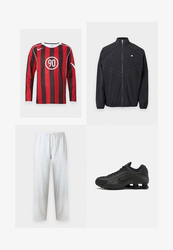 Sort nylon vindjakke med opretstående krave, lynlås foran og elastiske ærmeafslutninger, med kontraststikninger og en lille logo-patch.; Langærmet fodboldtrøje med skiftevis røde og sorte lodrette striber, hvide detaljer, rundt logo med "90" og klassisk rund halsudskæring.; Grå joggingbukser lavet af blødt stof med elastisk talje og snøre samt lige ben. Ingen mønstre eller detaljer synlige.; Sorte løbesko med en glat syntetisk overdel, perforerede detaljer, teksturerede sidedele og en distinkt fjedrende sål.