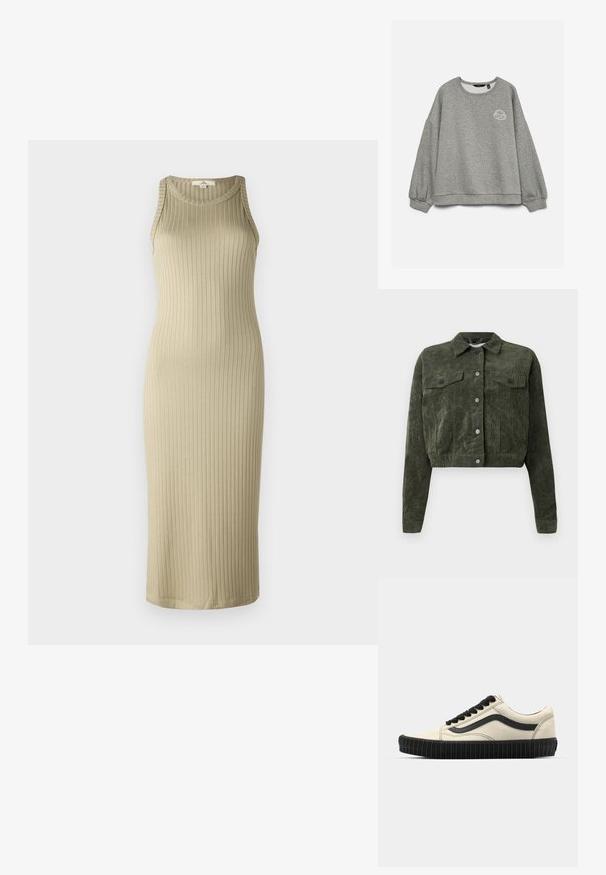 Olivengrøn, cropped cordurojjakke med lange ærmer, knaplukning fortil, to brystlommer med klap og en klassisk krave.; Lysegrå langærmet crewneck sweatshirt med elastiske manchetter og en lille hvid kaffekop tegning på venstre bryst.; Ribbet, beige midi kjole med en tætsiddende silhuet, ærmeløs design og rund halsudskæring; lavet af blødt, strækbart materiale.; Beige lærredssneakers med en sort gummisål, sorte snørebånd og detaljer i sidebånd. Struktur overflade med et strømlinet design.