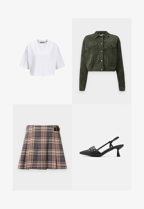 Olivengrøn, cropped cordurojjakke med lange ærmer, knaplukning fortil, to brystlommer med klap og en klassisk krave.; Hvid cropped t-shirt lavet af bomuld, med korte ærmer og rund hals. Grøn label indeni med synligt mærkenavn.; Rutig nederdel i grå, beige og rustfarver; har plisseringer, en spænde detalje og et struktureret design. Fremstillet af et vævet stof.; Simmi London DALA - Pumps - black