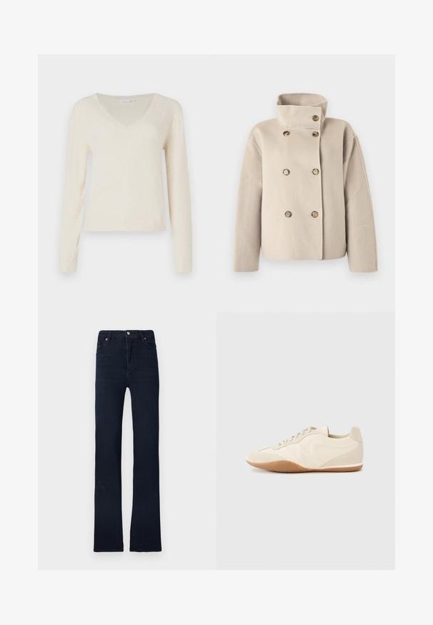 Beige, dubbelgeknoopte wollen jas met een hoge kraag en zes bruine knopen, lange mouwen en een rechte pasvorm.; Crème-kleurige V-hals lange mouwen sweater met geribbelde manchetten en zoom, weergegeven tegen een effen witte achtergrond.; Marineblauwe, recht model spijkerbroek gemaakt van denim. Voorzien van een knoop- en ritssluiting, lussen voor een riem en vier zakken. Gladde textuur.; Lichtbeige sneakers met een textuur van leer op het bovenwerk, getextureerde zijpanelen en een rubberen zool. Voorzien van een slank, gestroomlijnd ontwerp en platte veters.