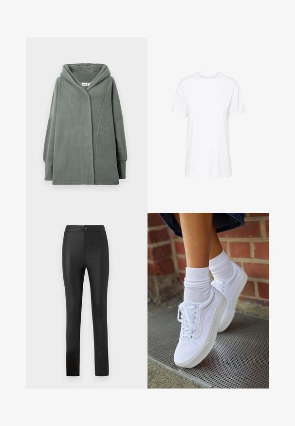 Fleecejakke i lysegrøn med hætte, oversized design og lange ærmer. Har en blød tekstur og et minimalistisk snit.; Hvid bomulds t-shirt med korte ærmer, rund hals og en afslappet pasform, med en glat tekstur og uden synlige mønstre.; Sorte leggings lavet af strækbart, glat materiale med en tætsiddende design, der har en frontknap- og lynlåslukning samt lige ben.; Hvide lærreds sneakers med gummisåler, der har seks snørehuller, rund tå og let sømdetaljer, krydret med hvide ankelstrømper.