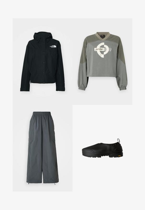 Zwarte waterdichte jas met capuchon, voorzien van drukknoopsluiting, elastische manchetten en een wit logo op de bovenste linkerzijde. Glad textuur.; Langermige cropped pullover met elastische manchetten, gedempte groen-grijze kleurvlakken en witte Jordan-logo in het midden van de borst.; Grijze, elastische taille, wijde broekspijpen gemaakt van lichte stof, met twee zijzakken en verstelbare trekkoorden bij de manchetten.; The North Face BASE CAMP WP MULE - Instappers - tnf black tnf black
