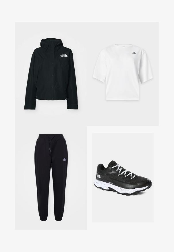 Zwarte waterdichte jas met capuchon, voorzien van drukknoopsluiting, elastische manchetten en een wit logo op de bovenste linkerzijde. Glad textuur.; Wit T-shirt met korte mouwen en ronde hals met het zwarte The North Face-logo op de linkerborst.; Zwarte joggingsbroek met elastische tailleband en boorden, trekkoord, zijzakken en een klein wit The North Face-logo op de rechterdij.; Zwarte sport sneaker met een bovenwerk van mesh en een getextureerd ontwerp. Voorzien van een wit gezette middenzool, dikke zwarte buitenzool en reflecterende veters.