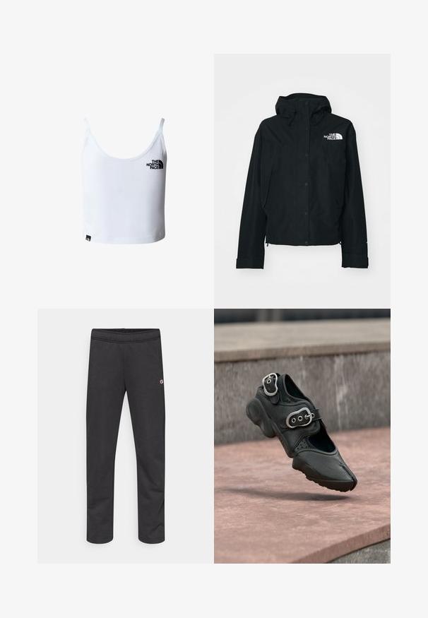 Zwarte waterdichte jas met capuchon, voorzien van drukknoopsluiting, elastische manchetten en een wit logo op de bovenste linkerzijde. Glad textuur.; Witte cropped tanktop met dunne bandjes, met het zwarte The North Face-logo op de borst en vlak bij de onderzoom.; Zwarte katoenen joggingsbroek met een elastische tailleband en een klein logo aan de zijkant. Glad oppervlak, taps toelopend ontwerp, zonder extra patronen.; Zwarte schoen met gespleten teen, twee zilveren gespen, dikke zool en geperforeerde details, zwevend boven een stenen oppervlak.