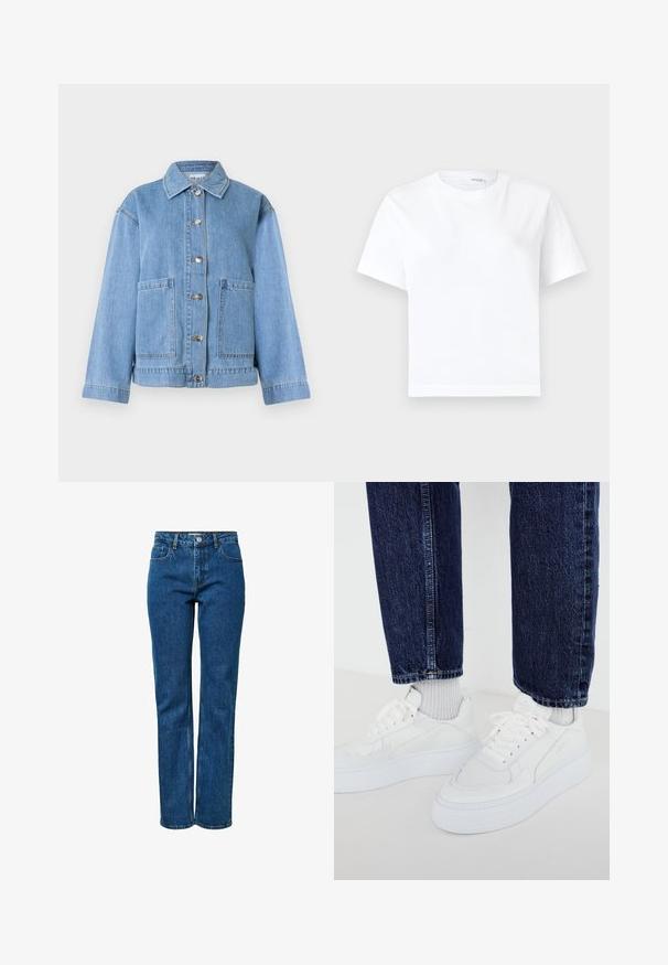 Veste en denim bleu clair avec col, manches longues, fermeture à boutons sur le devant et deux grandes poches avant sur fond blanc.; T-shirt blanc uni en coton à manches courtes, col rond et ourlet droit, présenté sur fond blanc.; Jean bleu à jambe droite avec cinq poches, une fermeture à bouton et à glissière, et des passants pour ceinture. Le jean est présenté debout sur un fond blanc uni.; Baskets blanches avec un design texturé et des semelles épaisses, associées à des chaussettes côtelées gris clair et un jean en denim bleu foncé.
