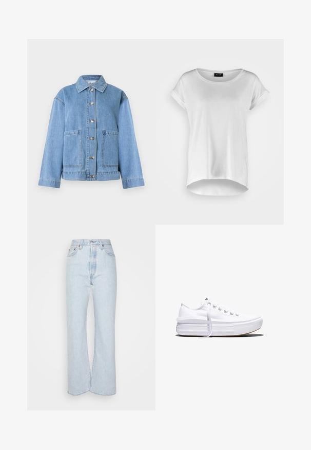Lyseblå denimjakke med krave, lange ærmer, knaplukning foran og to store forlommer mod en hvid baggrund.; Hvid kortærmet T-shirt med rund halsudskæring, lidt længere bagkant, blødt bomuldsstof og oprullede ærmer. Ingen synlige tryk.; Lys blå højtaljede jeans med brede ben, lavet af denim med en slidt tekstur. Med fem lommer og metalhardware detaljer.; Hvid lavt snørestøvle med tyk plateau-sål, snørelukning foran og gummiforstærket tåkap, set i sideprofil.