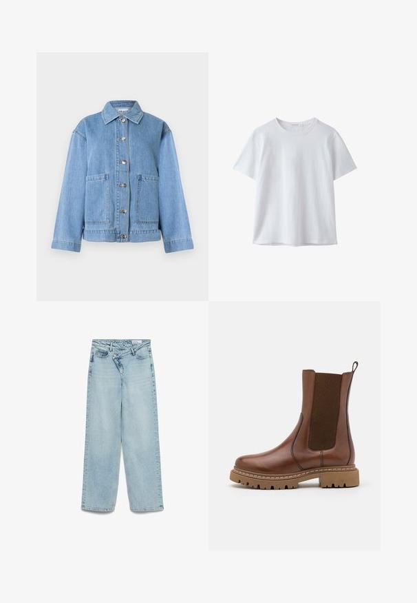 Veste en denim bleu clair avec col, manches longues, fermeture à boutons sur le devant et deux grandes poches avant sur fond blanc.; T-shirt blanc uni à manches courtes et col rond, en tissu doux, présenté sur fond blanc.; Jean droit bleu clair en denim. Comprend une taille mi-haute, cinq poches et une fermeture éclair avec bouton.; Bottine en cuir marron avec des panneaux élastiques et une languette de tirage. Elle possède une semelle en caoutchouc épaisse et des détails de couture visibles le long des bords.