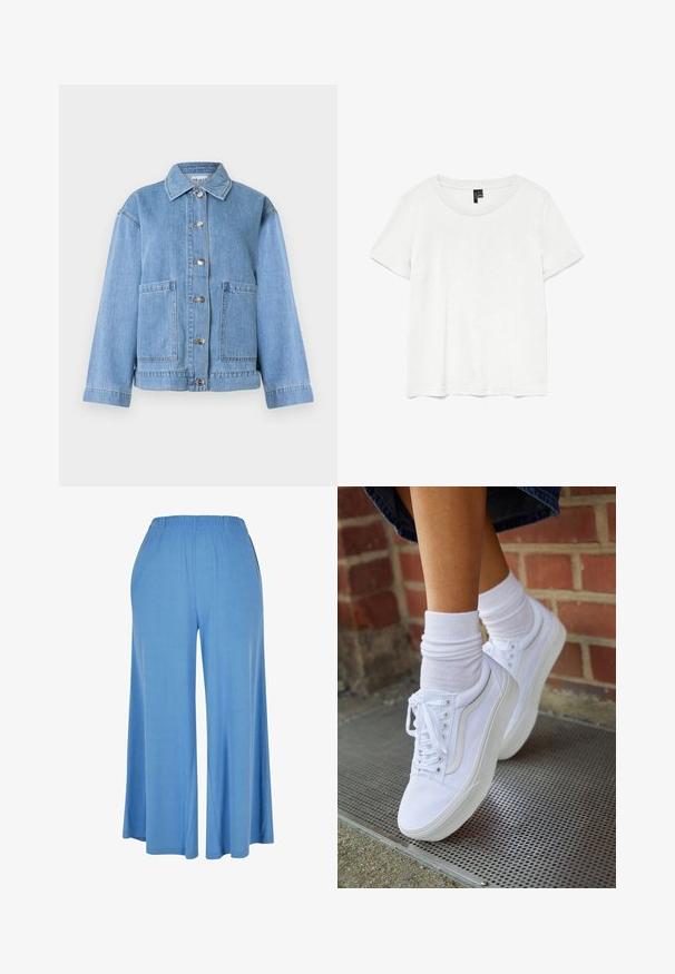 Lyseblå denimjakke med krave, lange ærmer, knaplukning foran og to store forlommer mod en hvid baggrund.; Hvid kortærmet t-shirt med rund halsudskæring, lavet af letvægtsstof. Enkel design, glat tekstur og lige kant.; Lysblå bredde bukser lavet af blødt stof, med en elastisk talje og en løs pasform, der strækker sig til midt på læggen.; Hvide lærreds sneakers med gummisåler, der har seks snørehuller, rund tå og let sømdetaljer, krydret med hvide ankelstrømper.