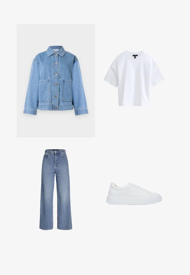 Hellblaue Jeansjacke mit Kragen, langen Ärmeln, vorderer Knopfleiste und zwei großen Vorderentaschen vor weißem Hintergrund.; Schlichtes weißes kurzärmeliges Cropped-T-Shirt mit rundem Ausschnitt und schwarzem Markenlabel innen im Kragen.; Hellblaue Jeans mit hoher Taille, weitem Bein, vorderer Knopf- und Reißverschluss und Fünf-Taschen-Design.; Weiße Leder-Sneaker mit runder Zehenpartie, flachen Schnürsenkeln und einer dicken Gummisohle. Glatte Oberfläche mit minimalen Nähdetails.