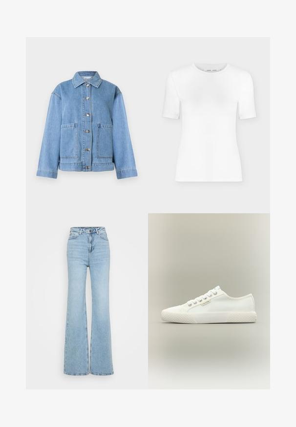 Veste en denim bleu clair avec col, manches longues, fermeture à boutons sur le devant et deux grandes poches avant sur fond blanc.; T-shirt blanc à manches courtes avec col rond, coupe slim et texture de tissu côtelé, présenté sur un fond uni gris clair.; Jean évasé bleu clair en denim, avec une taille haute, un design à cinq poches et un ourlet brut en bas. La texture est légèrement usée.; Baskets basses blanches en toile avec semelle en caoutchouc texturée, lacets blancs et petite étiquette Calvin Klein sur le côté.