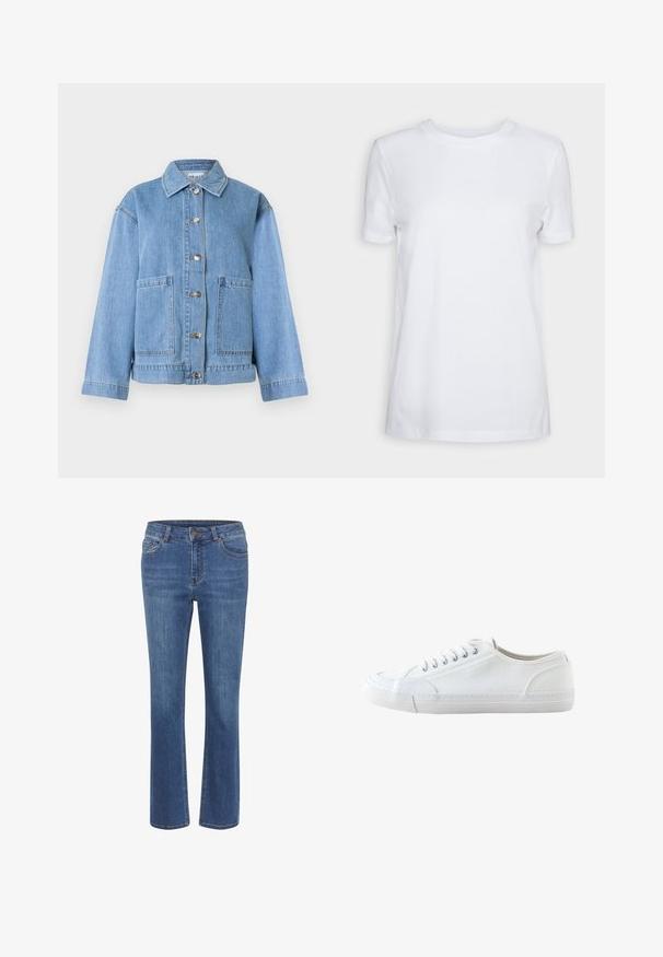Lyseblå denimjakke med krave, lange ærmer, knaplukning foran og to store forlommer mod en hvid baggrund.; Simpel hvid T-shirt med korte ærmer og rund hals, normal pasform og et lille indvendigt mærke på nakken med teksten "SELECTED FEMME."; Blå denimjeans med lige ben, tætsiddende talje, bæltesløjfer, fem lommer og en lille brun knap i taljen.; Hvid lavtop lærredsneaker med hvide snørebånd og gummisål, vist fra siden på en hvid baggrund.