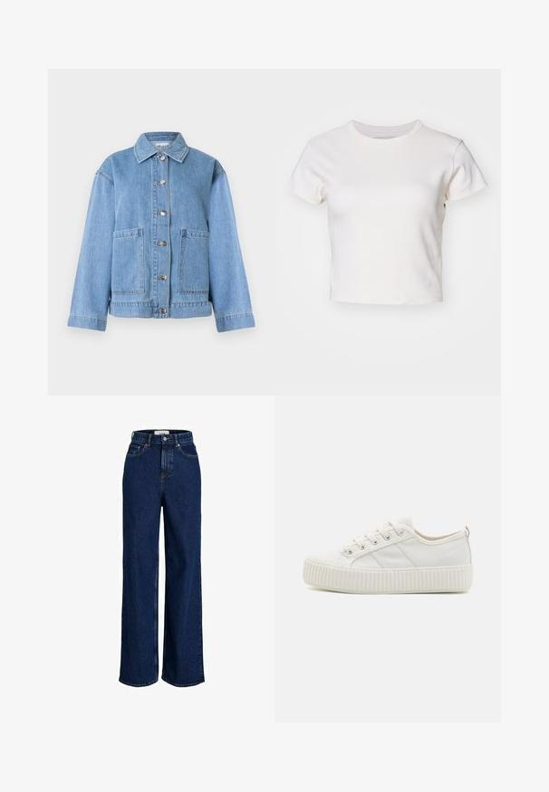 Gaiši zilas džinsa jaka ar apkakli, garām piedurknēm, priekšā ar pogu aizdari un divām lielām kabatām priekšpusē uz balta fona.; Denim Project DPMDPWRIBBED CROPPED T-SHIRT - Pamata T-krekls - jet stream; Tumši zili džinsi ar augstu jostasvietu un plašām kājsaim, priekšpusē kabatas, jostas cilpas, pogu aizdare un redzamas šuvju detaļas.; Baltie kanvas kedas ar teksturētu gumijas zoli, apaļu purngali un auklīšu dizains, kurā ir trīs sānu svītras.