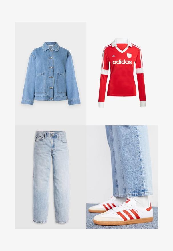 Lyseblå denimjakke med krave, lange ærmer, knaplukning foran og to store forlommer mod en hvid baggrund.; Rød langærmet fodboldtrøje med hvid krave og manchetter. Har tre hvide striber på skuldrene og "adidas" logoet fremtrædende vist.; Lyseblå denimjeans med høj talje, afslappet pasform, lige ben og et klassisk design med fem lommer. Synlige falmede detaljer og syninger.; Hvide lædersneakers med røde striber og accenter. Har en tekstureret gummisål og polstret krave. Bæres med lyseblå denim.