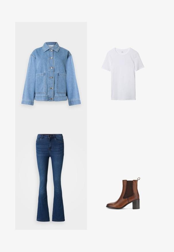 Chaqueta de mezclilla azul claro con cuello, mangas largas, cierre frontal con botones y dos grandes bolsillos delanteros sobre un fondo blanco.; Camiseta blanca lisa de manga corta y cuello redondo con una textura suave, mostrada plana sobre un fondo blanco.; Jeans de mezclilla de campana en azul oscuro con bolsillos delanteros y traseros, cierre de botón y cremallera, y detalles desgastados en los muslos y las rodillas.; Botín de cuero marrón hasta el tobillo con puntera redonda, paneles laterales elásticos, tirador y tacón cuadrado. Textura suave con un ligero brillo.