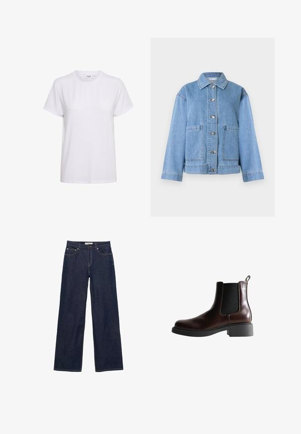 Hellblaue Jeansjacke mit Kragen, langen Ärmeln, vorderer Knopfleiste und zwei großen Vorderentaschen vor weißem Hintergrund.; Kurzärmliges weißes T-Shirt aus weicher Baumwolle. Verfügt über einen runden Halsausschnitt und ein schlichtes, nahtloses Design ohne Verzierung oder Muster.; Dunkelblaue Jeans aus Denim mit weiten, geraden Hosenbeinen, vorderen Taschen und einem Knopf- und Reißverschluss.; Braune Leder-Boots mit elastischen Seitenteilen, runder Spitze und einer strukturierten schwarzen Gummisohle. Verfügt über kontrastierende Nähte und eine Ziehlasche.