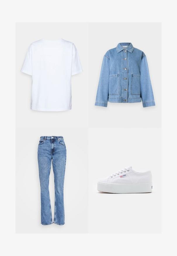 Chaqueta de mezclilla azul claro con cuello, mangas largas, cierre frontal con botones y dos grandes bolsillos delanteros sobre un fondo blanco.; Camiseta de algodón blanca de manga corta vista desde atrás sobre un fondo gris claro.; Weekday SMOOTH HIGH - Vaqueros slim fit - winter blue; Zapatilla de lona blanca con una gruesa suela de plataforma blanca, punta redonda y ojales de metal para los cordones. Logotipo de la marca mostrado en el lateral.