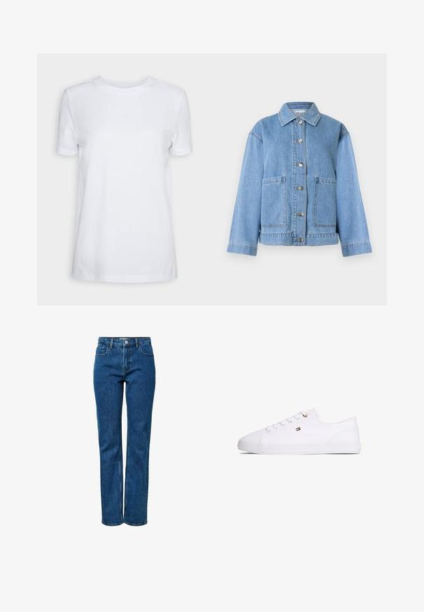 Lichtblauwe spijkerjas met kraag, lange mouwen, knoopsluiting aan de voorkant en twee grote voorzakken tegen een witte achtergrond.; Effen wit T-shirt met korte mouwen en ronde hals, normale pasvorm en een klein label aan de binnenkant van de hals met de tekst "SELECTED FEMME."; Blauwe jeans met rechte pijpen, vijf zakken, een knoop- en ritssluiting en riemlussen. De jeans staan rechtop op een effen witte achtergrond.; Witte lage sneaker met vetersluiting, klein rood-wit-zwart vlaglogo aan de zijkant en platte rubberen zool.