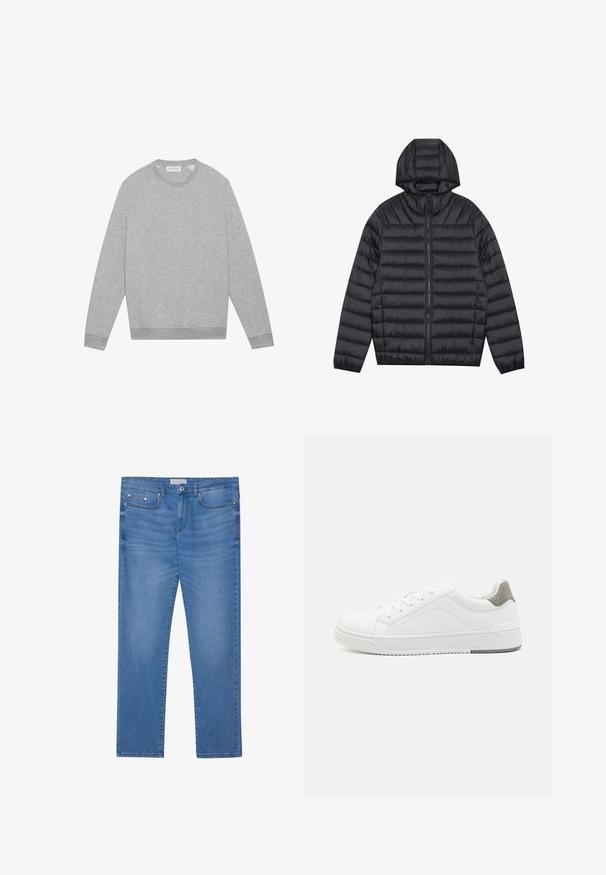Black lightweight puffer jacket with horizontal quilting, full front zipper, side pockets, elastic cuffs, and attached hood.; Light grey long-sleeve crewneck sweatshirt with ribbed cuffs and hem, displayed flat on a plain background.; Light blue denim jeans with a straight leg cut, five-pocket design, subtle fading, and metal hardware accents at the waist and pockets.; White sneaker with smooth leather material, rounded toe, minimalistic design, grey heel accent, and textured rubber sole.