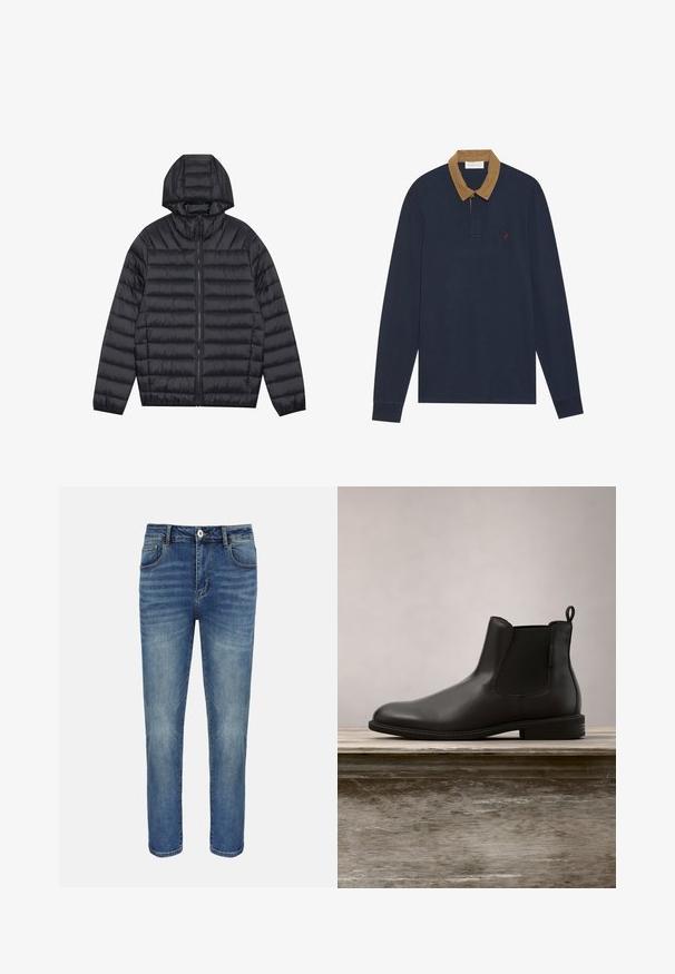 Sort letvægts quiltet jakke med horisontale syninger, fuld frontlynlås, sidelommer, elastiske manchetter og fastgjort hætte.; Mørkeblå langærmet polo skjorte med en corduroy tan krave. Har et lille rødt logo på brystet, samt knaplukning og ribbede manchetter.; Blå straight-leg cowboybukser med forreste knap og lynlås, bæltestropper samt for- og baglommer.; Sorte læder ankelstøvler med glat tekstur, rund tå, elastiske sidepaneler og en trækflap, placeret på en træoverflade.
