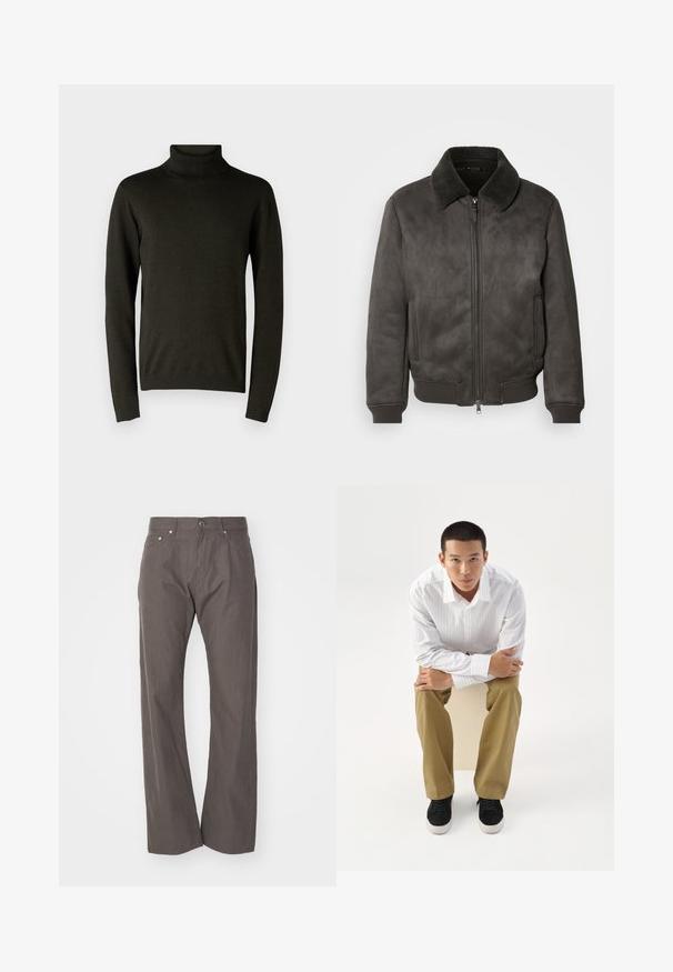 Blouson en fausse suede gris foncé avec un col doux et texturé, fermeture éclair, et des poignets et un ourlet côtelés. Comprend des poches latérales.; Pull à col roulé vert foncé en matériau tricot doux, doté de manches longues et de poignets et d'un ourlet côtelés. Texture lisse avec un minimum de détails.; Weekday SPACE RELAXED STRAIGHT - Pantalon classique - dark mole; Jeune homme en chemise blanche rayée et pantalon kaki assis penché en avant sur un tabouret, bras croisés, regardant droit devant sur un fond blanc.