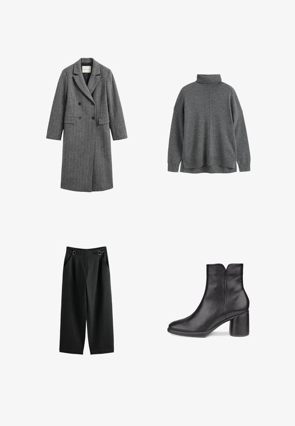 Lange grijze wollen jas met krijtstrepen, dubbelgeknoopte zwarte knopen, revers met inkeping en klepzakken, met GANT-label binnen in de kraag.; CHINTI & PARKER Trui - grey; Zwarte wijde broek met zijzakken en verstelbare gespsluitingen aan de tailleband, afgebeeld op een witte achtergrond.; Zwarte leren enkellaars met afgeronde neus, zijrits en stevige blokhak.