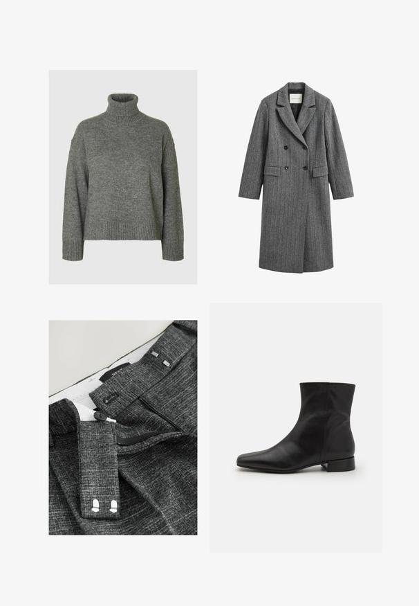 Long manteau en laine grise à fines rayures, boutons noirs double boutonnage, revers crantés et poches à rabat, étiquette GANT à l'intérieur du col.; Pull à col roulé gris fabriqué dans un matériau doux et texturé, avec une coupe décontractée. Présente un col, des poignets et un ourlet côtelés. Design simple.; Pantalons gris texturés avec fermeture à bouton, braguette zippée et crochets supplémentaires, présentant des accents argentés sur la ceinture et la doublure intérieure.; Botte cheville en cuir noir avec un bout pointu, texture lisse, design minimaliste et un petit talon carré. La fermeture éclair sur le côté monte jusqu'à la cheville.