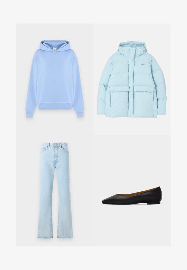 Veste rembourrée bleu clair avec une capuche, dotée d'une fermeture éclair sur le devant, de deux grandes poches avant et d'un petit logo sur la poitrine gauche.; Sweat à capuche bleu clair à manches longues, avec poignets côtelés et poche frontale, présenté sur un fond clair uni.; FRAME THE VERTICAL - Jean boyfriend - light blue; Chaussure plate en cuir noir à bout pointu avec talon bas et finition lisse, vue de côté sur un fond gris clair.