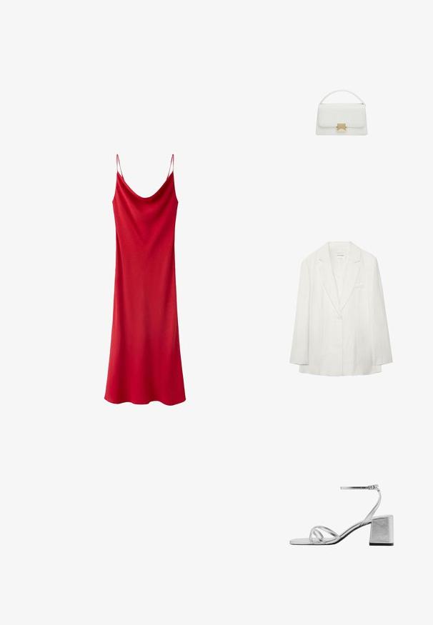 Witte blazer met een knoop, met inkeping revers en lange mouwen, met een borstzak en subtiel gestructureerde stof.; Rode mouwloze slipdress met dunne bandjes en een geplooide halslijn op een witte achtergrond.; Zilveren sandaal met blokhak, voorzien van dunne kruislingse banden en een verstelbare enkelband. Gladde metallic afwerking.; Witte leren handtas met een gestructureerd ontwerp, voorzien van een bovenhandgreep en een goudkleurige sluiting. Gladde textuur en minimalistische accenten.