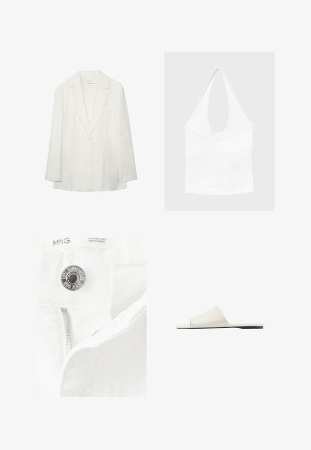 Blazer blanc à un bouton avec revers crantés et manches longues, avec une poche poitrine et un tissu subtilement texturé.; Haut blanc sans manches à encolure américaine, avec un profond col rond et une taille cintrée, présenté sur un fond clair et uni.; Bouton argenté et jean en denim blanc partiellement dézippé avec étiquette visible de la marque MNG au-dessus de la ceinture.; Sandale blanche à enfiler avec une large bride unique et une semelle plate, vue de côté sur fond blanc.