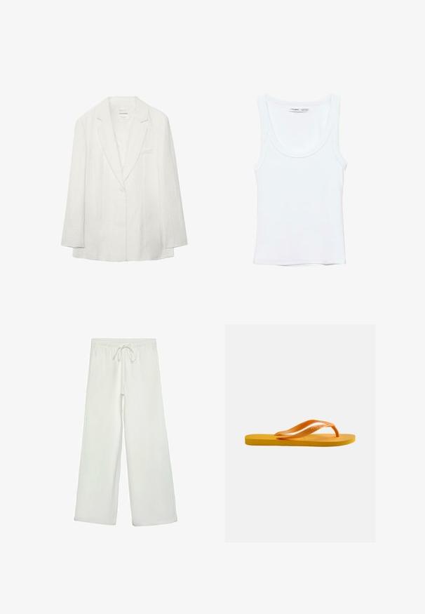 Blazer blanc à un bouton avec revers crantés et manches longues, avec une poche poitrine et un tissu subtilement texturé.; Débardeur blanc uni sans manches avec encolure arrondie, fabriqué en tissu doux, étiquette à l'intérieur du col indiquant la marque et la taille.; Pantalons larges blancs en tissu doux. Dotés d'une taille élastique avec cordon de serrage et d'une texture lisse. Aucuns motifs visibles ni éléments en métal.; Tongs jaunes avec semelle texturée et bandoulières en caoutchouc orange sur un fond gris clair uni.