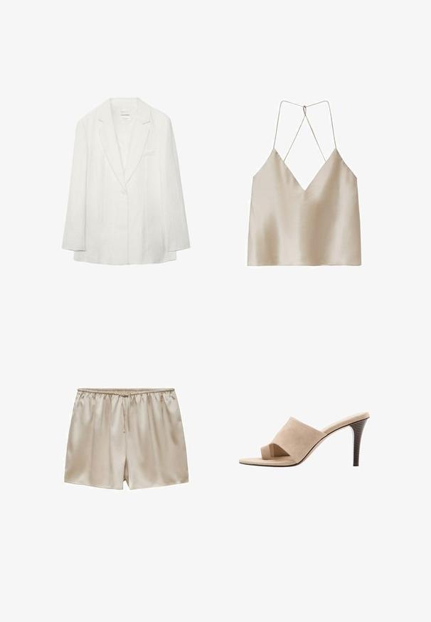 Blazer blanc à un bouton avec revers crantés et manches longues, avec une poche poitrine et un tissu subtilement texturé.; Camisole en satin beige avec un décolleté en V profond et de fines bretelles spaghetti croisées dans le dos.; Shorts en satin beige avec ceinture élastique et cordon de serrage, texture lisse, coupe décontractée et longueur courte.; Mule beige à talon haut, bout ouvert, avec une large bride supérieure en suède et un talon empilé, vue de côté sur fond blanc.