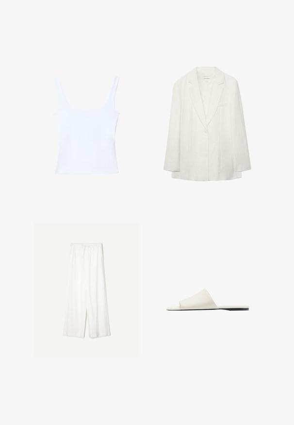 Weißer Ein-Knopf-Blazer mit Kerbkragen und langen Ärmeln, mit Brusttasche und dezent strukturierter Stoff.; Weißes Tanktop mit quadratischem Ausschnitt, breiten Schulterträgern und taillierter Passform. Hergestellt aus glattem, elastischem Stoff für mehr Komfort.; Weiße Hose mit weitem Bein, elastischem Bund und Kordelzug, aus leichtem Stoff gefertigt.; Weiße Slidesandale mit einem breiten Riemen und flacher Sohle, seitlich auf weißem Hintergrund gezeigt.