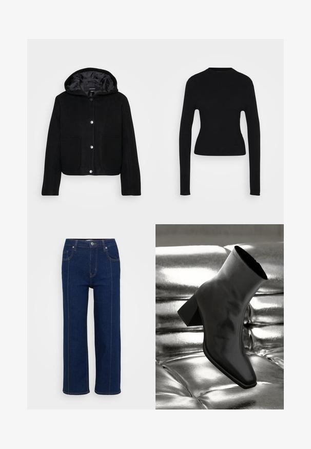 Zwarte cropped hoodie met voorste drukknoopjes, twee grote voorzakken en een gladde binnenvoering.; Fitted zwart geribbeld gebreid langetermijntrui met een hoge ronde halslijn en een iets gecropt zoom tegen een witte achtergrond.; Donkerblauwe rechte jeans met knoopsluiting, voor- en achterzakken, en zichtbare oranje stiksels langs de naden.; Zwarte enkellaarsjes van glanzend materiaal met een vierkante neus en taps toelopende hak, afgezet tegen een glanzende zilveren gecapitonneerde achtergrond.