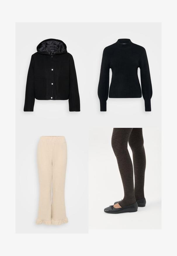 Veste noir courte à capuche avec boutons-pression à l'avant, deux grandes poches avant et doublure intérieure lisse.; Vero Moda Petite VMPIPPA HIGHNECK - Pullover - black; Pantalons tricotés côtelés de couleur crème avec une taille élastique et un ourlet évasé décoré de volants en bas. Texture lisse.; Jambes portant des leggings côtelés foncés associés à des ballerines noires avec de petits détails en nœud sur fond blanc.
