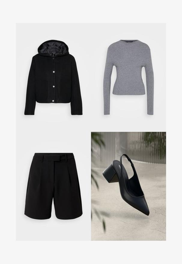 Sort cropped hættejakke med snap-knapper foran, to store forlommer og glat inderside.; Grå ribbet langærmet sweater med rund hals og tætsiddende silhuet, præsenteret på en ensfarvet hvid baggrund.; Sorte skræddersyede shorts lavet af glat stof, med høj talje, folder, bæltestropper og sidelommer, med et rent design.; Sort læder slingback hæl med spids tå og blokhæl. Glat tekstur, minimalistisk design og justerbar ankelrem.
