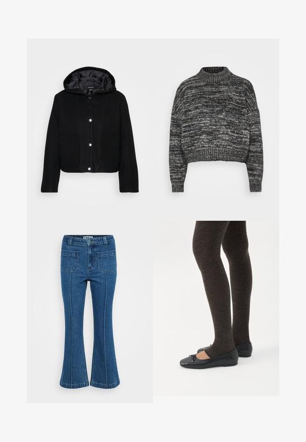 Čierna skrátená bunda s kapucňou a prednými patentkami, dvoma veľkými prednými vreckami a hladkou podšívkou.; Vero Moda Petite VMDAIMA - Svetrík - black/birch/silver; Modré džínsy s vysokým pásom, prednými vreckami, švami pozdĺž nohavíc a miernym rozšírením pri členkoch.; Nohy v tmavých pásikavých legínach v kombinácii s čiernymi balerínkami s malými mašličkami na bielom pozadí.