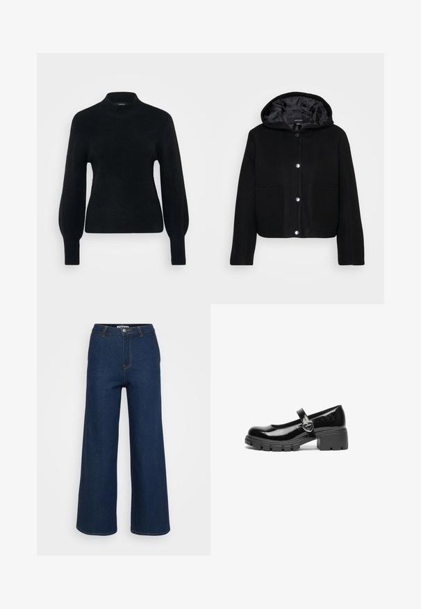 Veste noir courte à capuche avec boutons-pression à l'avant, deux grandes poches avant et doublure intérieure lisse.; Vero Moda Petite VMPIPPA HIGHNECK - Pullover - black; Pantalons en denim à jambe large de couleur bleu foncé avec des surpiqûres jaunes en contraste, taille haute et fermeture à bouton. Texture lisse et design classique.; Chaussure Mary Jane en cuir verni noir avec un talon épais, un bout rond et une sangle ornée d'une boucle en forme de cœur.