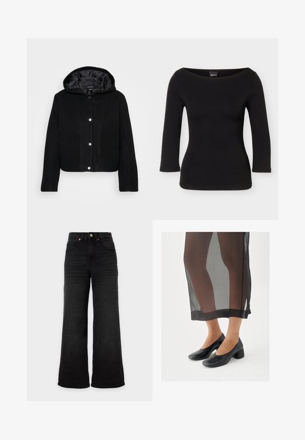 Sort cropped hættejakke med snap-knapper foran, to store forlommer og glat inderside.; Sort tætsiddende skjorte med trekvartærmer og en bred, rund halsudskæring, vist på en ensfarvet baggrund.; Sort højttaljede jeans med brede ben, forlommer og knaplukning på en ensfarvet lys baggrund.; Sorte sko med blokhæle og glat læderfinish, båret med et gennemsigtigt sort skørt med en ren kant og minimalistisk design.
