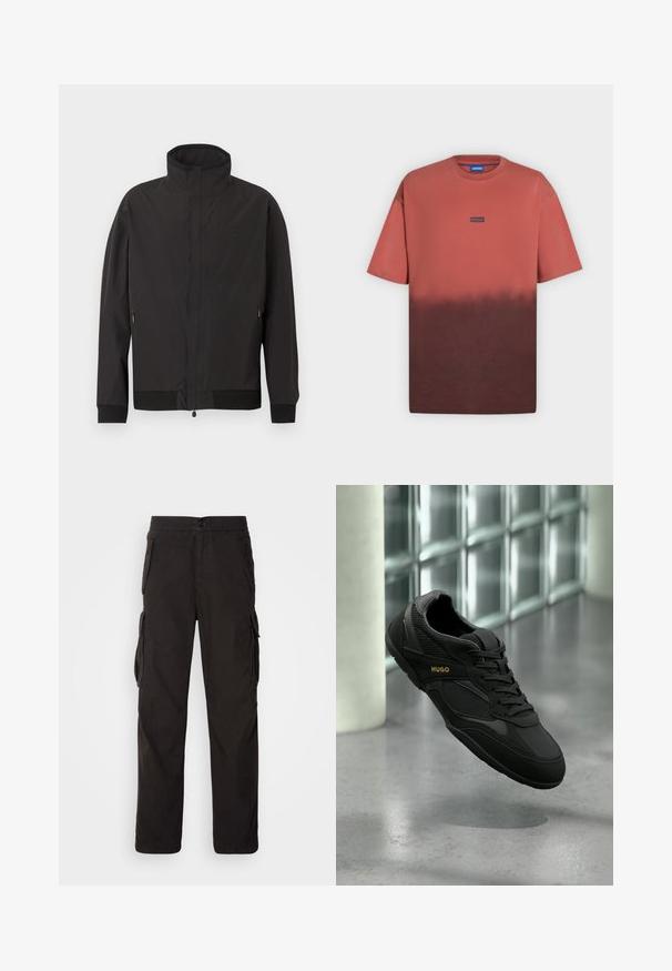 Sort langærmet jakke med lynlås, høj krave, lynlåslommer i siden og et diskret logo foran på venstre bryst.; Kortærmet T-shirt med rund hals med en gradient fra rust til mørkebrun og et lille centreret "HUGO"-logo på brystet.; Sorte cargobukser med lige pasform, elastisk talje, flere sidelommer og et struktureret stof for holdbarhed.; Sort atletiksko med "HUGO"-logo i guld på siden, sorte snørebånd og teksturerede paneler, svævende over en poleret beton gulv.