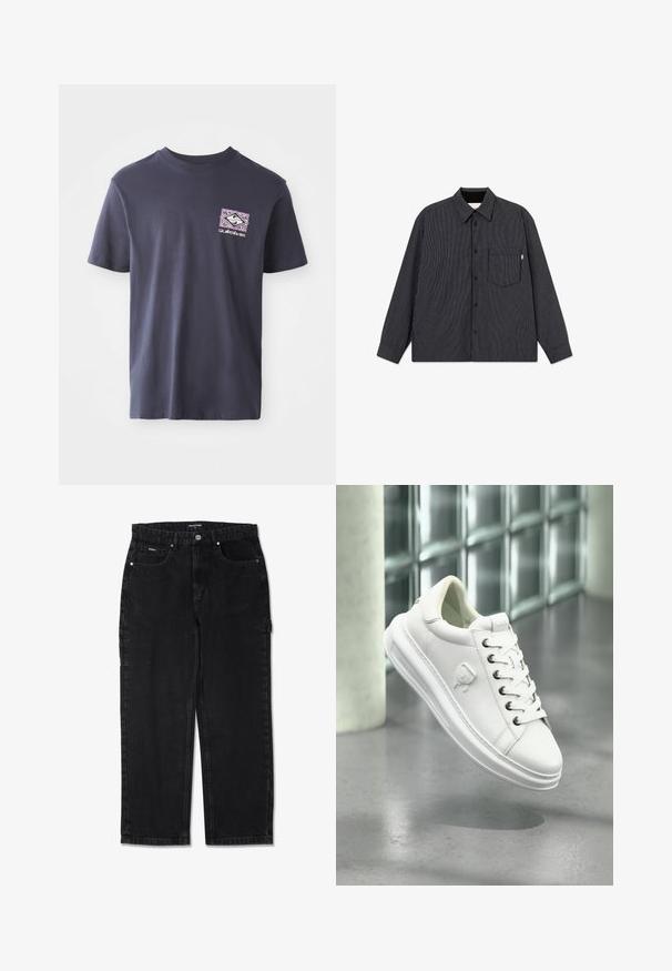 Camisa de manga larga con patrón de cuadros en blanco y negro, con cuello, botones delanteros y un único bolsillo en el pecho. Hecha de tela.; Camiseta de algodón azul marino con cuello redondo y mangas cortas. Presenta un estampado gráfico geométrico en púrpura y blanco en el lado izquierdo del pecho.; Vaqueros negros de corte recto con cinco bolsillos, trabillas para cinturón y cierre con botón metálico.; Zapatilla deportiva de cuero blanco con punta redonda, diseño de cordones, ojales metálicos y suela texturizada. Logotipo en relieve en el lateral.
