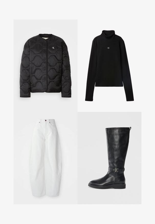 Schwarze Pufferjacke mit einem gepolsterten Muster, Rundkragen, Druckknöpfen und einem Logo auf der Brust. Glattes, glänzendes Material und gepolsterte Textur.; Schwarzes, geripptes Langarm-Top mit Rollkragen und kleinem quadratischem Calvin Klein Logo-Patch zentral auf der Brust.; Hochtaillierte weiße Denim-Hose mit lockerer Passform. Einfacher Knopfverschluss, seitliche Taschen und minimalistisches Design. Glatte Textur.; Schwarze Lederkniehohe Stiefel mit niedrigem Absatz, runder Spitze und metallischem "CK"-Logo-Riemen um den Knöchel.