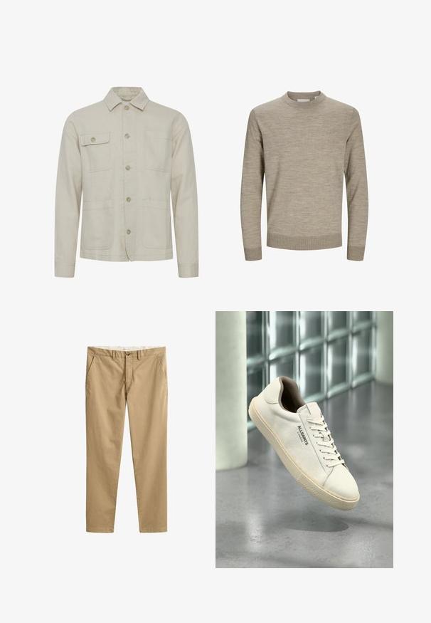 Veste en coton beige avec une fermeture à boutons, un col pointu, deux poches poitrine et deux poches inférieures. Tissu texturé avec des coutures visibles.; Pull beige à manches longues avec col rond, poignets et ourlet côtelés, présenté sur un fond blanc.; Chinos beige à jambes droites avec passants de ceinture, bouton devant, fermeture éclair et poches latérales, présentés à plat sur fond blanc.; Baskets en toile blanche avec semelle et lacets beige, logo "AllSaints London" sur le côté, flottant au-dessus d'un sol gris poli près de blocs de verre.
