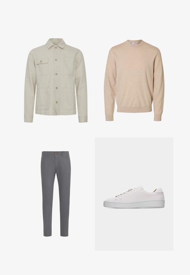 Beige katoenen jack met een knoopsluiting aan de voorkant, een puntkraag, twee borstzakken en twee lagere zakken. Gestructureerde stof met zichtbare stiknaden.; Beige trui met lange mouwen en ronde hals van zachte gebreide stof, met geribbelde boorden en zoom, ontworpen voor heren.; Grijze katoenen broek met een aansluitend ontwerp, voorzien van een knoopsluiting, standaardzakken en een gladde textuur.; Witte leren lage sneaker met witte veters, platte geribbelde rubberen zool en minimale stiksels, gezien vanaf de buitenkant tegen een witte achtergrond.