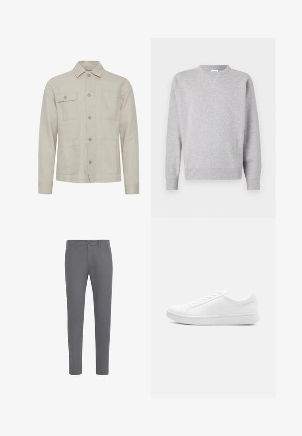 Chaqueta de algodón beige con un frontal abotonado, un cuello de punto, dos bolsillos en el pecho y dos bolsillos inferiores. Tejido texturizado con costuras visibles.; Sudadera gris hecha de tela suave, con cuello redondo, mangas largas, puños acanalados y dobladillo recto. Sin patrones ni gráficos visibles.; Pantalones de algodón grises con un diseño ajustado, que cuentan con un cierre de botón, bolsillos estándar y una textura suave.; Zapatilla blanca de cuero liso con cierre de cordones, diseño bajo y suela gruesa de caucho, vista lateral sobre un fondo liso.