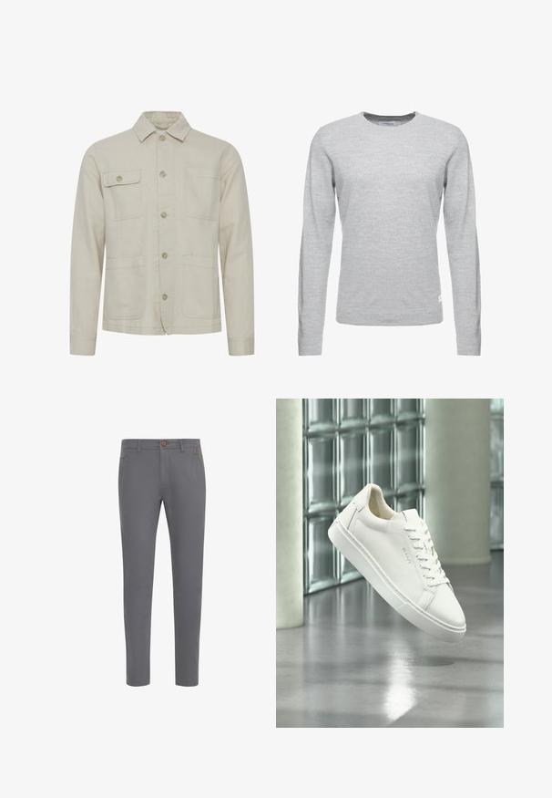 Chaqueta de algodón beige con un frontal abotonado, un cuello de punto, dos bolsillos en el pecho y dos bolsillos inferiores. Tejido texturizado con costuras visibles.; Jersey gris claro, de mangas largas, con cuello redondo, textura suave, diseño minimalista, pequeña etiqueta de logo en el bajo izquierdo.; Pantalones de algodón grises con un diseño ajustado, que cuentan con un cierre de botón, bolsillos estándar y una textura suave.; Zapatilla blanca de corte bajo con cordones flotando sobre un suelo de hormigón reflectante frente a una pared de bloques de vidrio.
